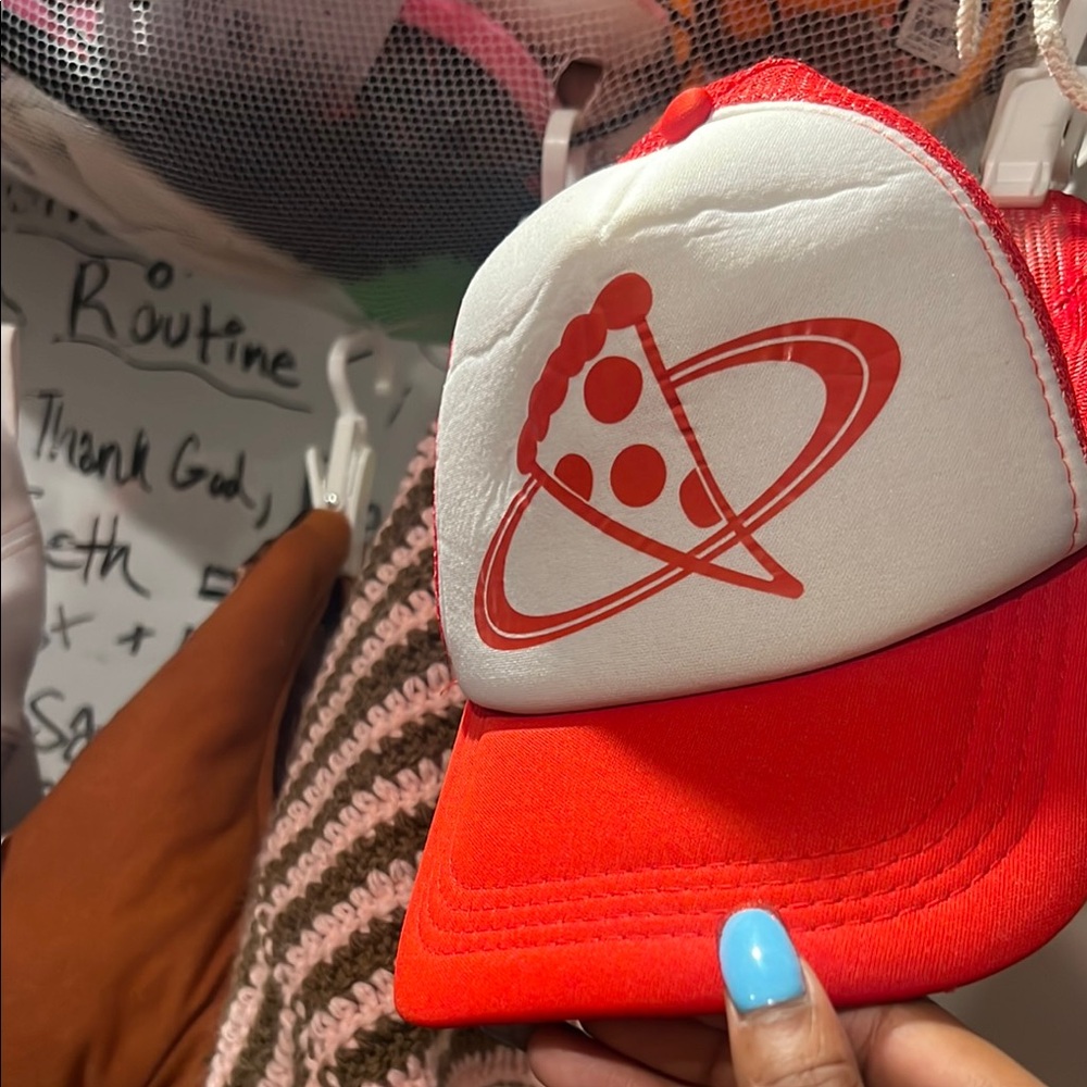 Red and White Trucker Hat with Pizza Planet Logo